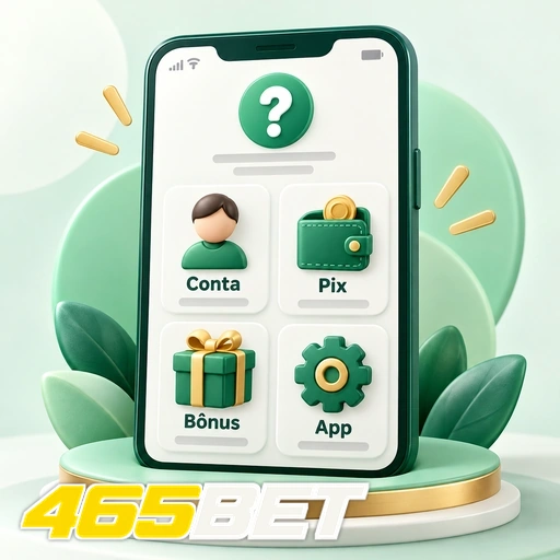 465BET — ilustração de celular com categorias de ajuda sobre conta, Pix, bônus e aplicativo