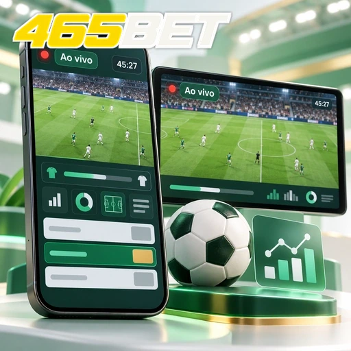 465BET — ilustração de celular e tablet com uma partida de futebol ao vivo