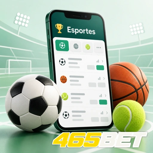 465BET — ilustração de aplicativo esportivo com bolas de futebol, basquete e tênis