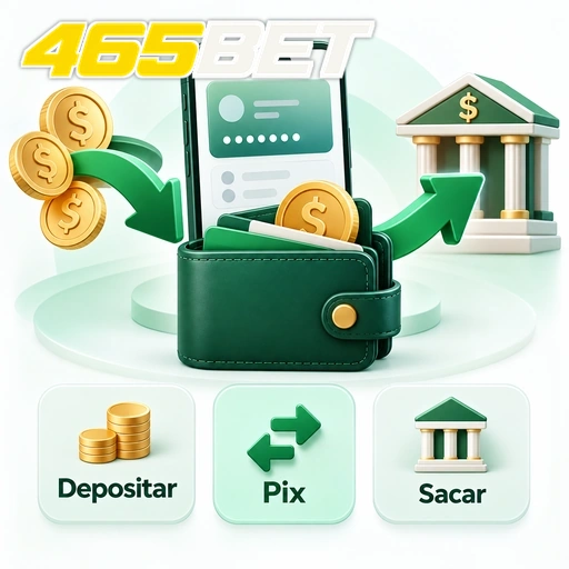 465BET — ilustração de carteira digital com depósito, Pix e saque