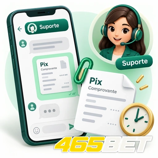465BET — ilustração de atendimento por chat com comprovante Pix e relógio