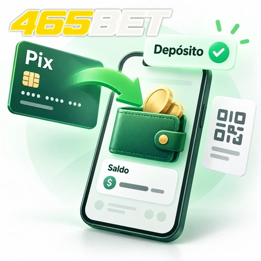 465BET — ilustração de depósito Pix com QR code, carteira e saldo no celular