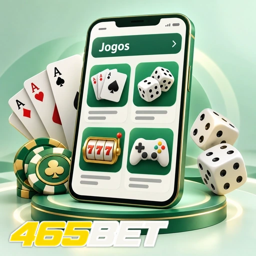 465BET — ilustração de jogos no celular com cartas, dados e fichas