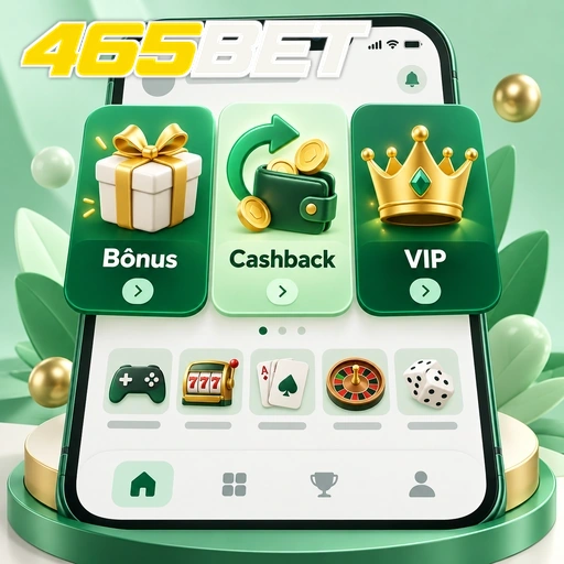 465BET — ilustração de lobby de jogos com bônus, cashback e área VIP