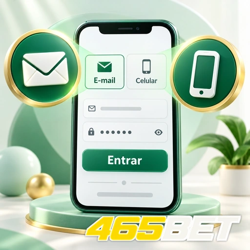465BET — ilustração de login no celular com opções de e-mail e número de telefone