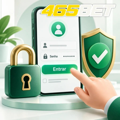 465BET — ilustração de login no celular com cadeado e escudo de segurança