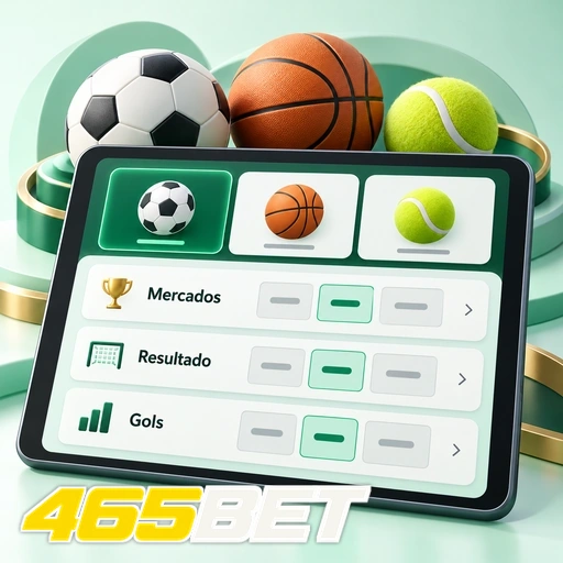 465BET — ilustração de mercados esportivos em tablet com bolas de diferentes esportes