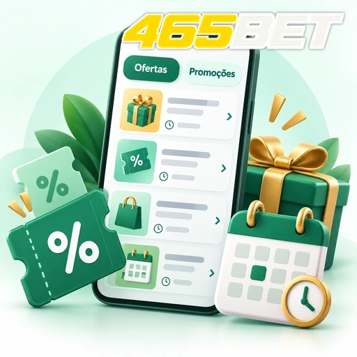 465BET — ilustração de ofertas e promoções no celular com presentes e símbolos de porcentagem