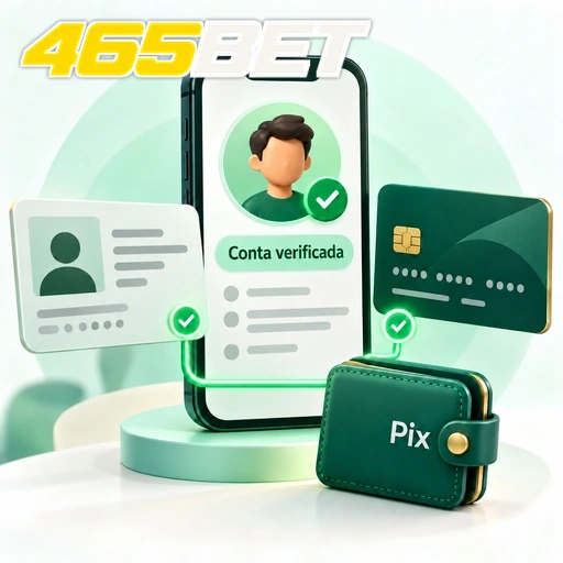 465BET — ilustração de verificação de conta com documento de identidade, cartão e carteira Pix